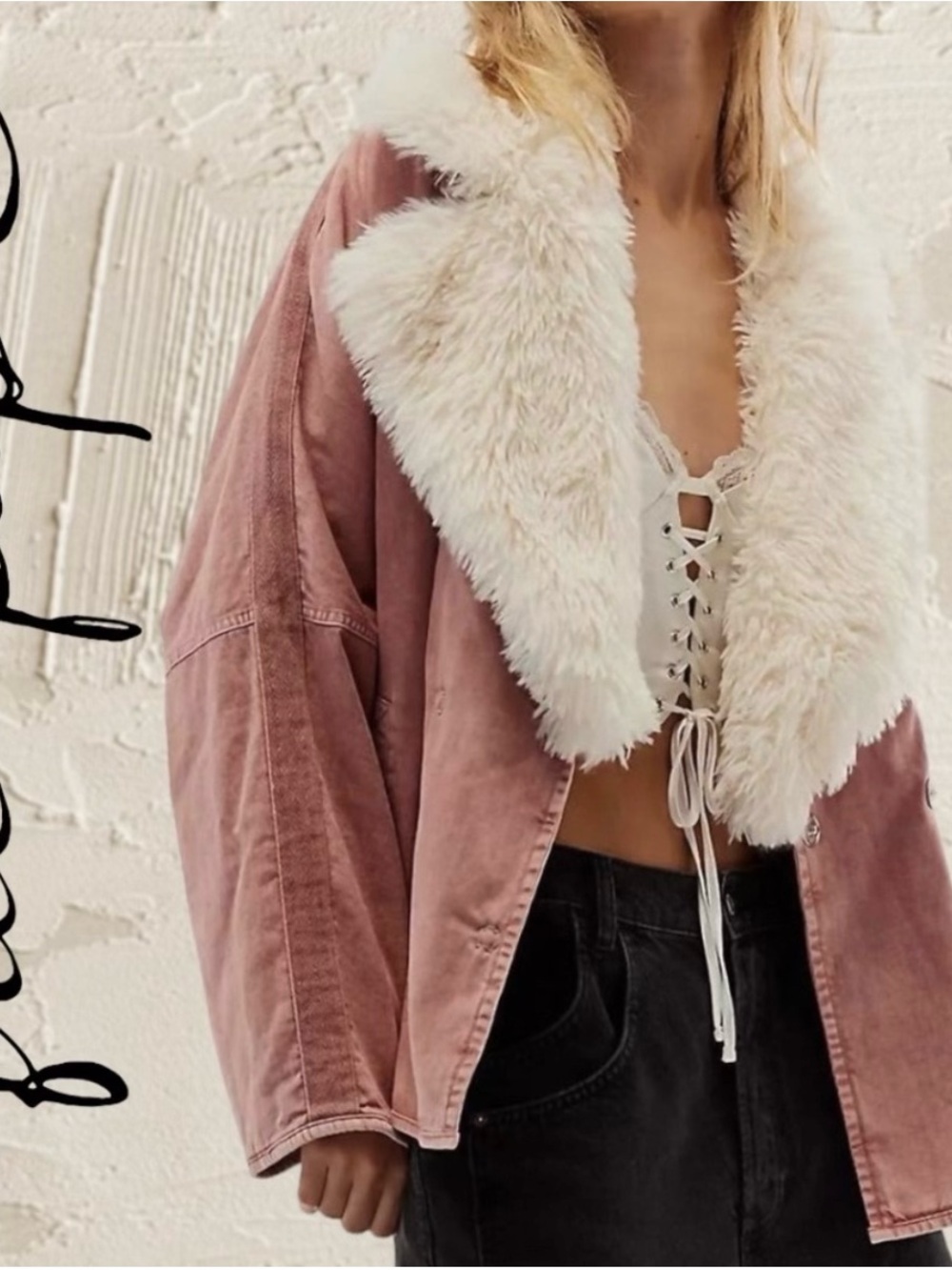 Free People Pink Lolo Jacket with Cream Removable Faux Fur Collar